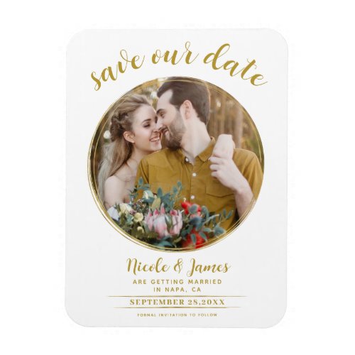 White  Gold Modern Round Photo Save the Date Magnet