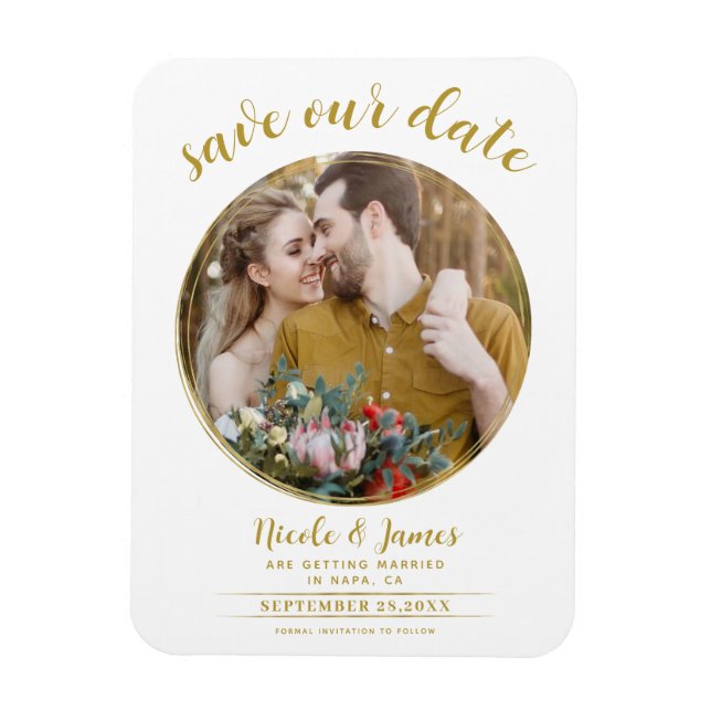 White & Gold Modern Round Photo Save the Date Magnet (Vertical)