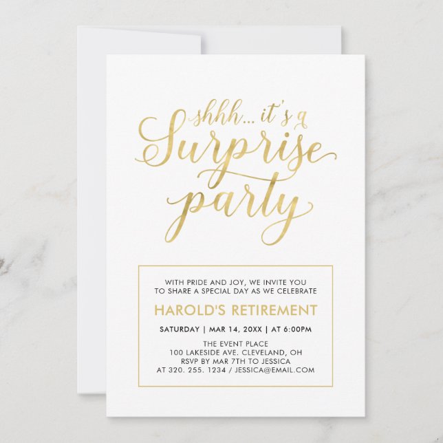 White & Gold | Modern Surprise Retirement Party Invitation (Front)