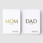White Gold MOM DAD Estd New Parents Notebooks<br><div class="desc">Elegant Mom Established and Dad Established matching notebooks for new parents,  with gold foil against black background. Ideal gift for new mom and dad. Also in black/gold.</div>