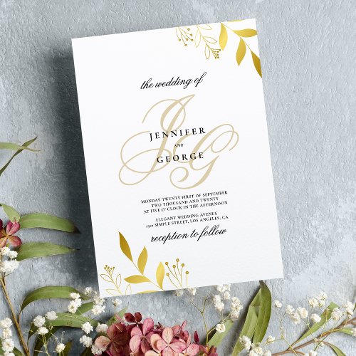 White gold monogram initials floral glam wedding  invitation