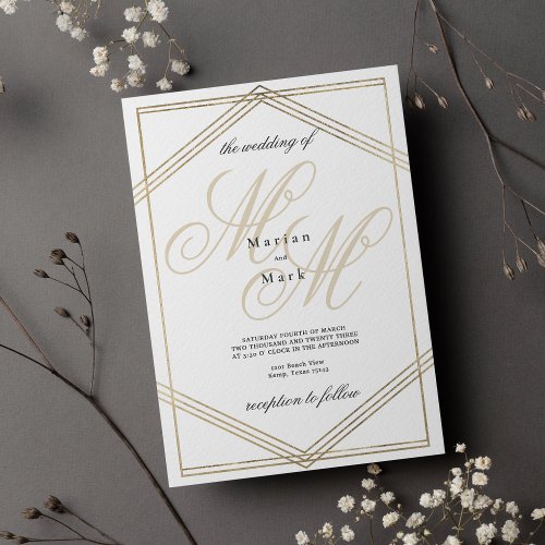 White gold monogram initials geometrical wedding invitation