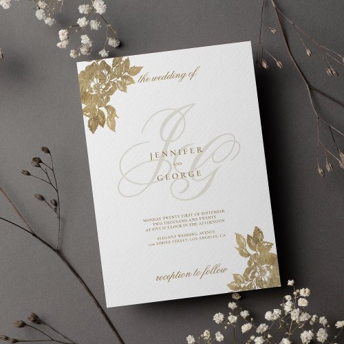 White gold monogram initials glam floral wedding invitation