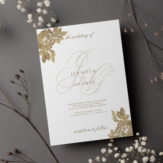 White gold monogram initials glam floral wedding invitation | Zazzle