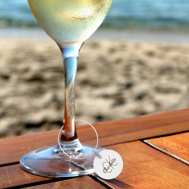 White gold monogram initials name minimalist wine charm (Creator Uploaded)