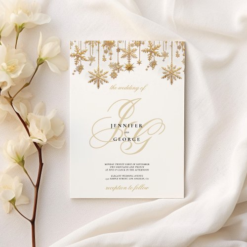 White gold monogram initials snowflakes Wedding Invitation