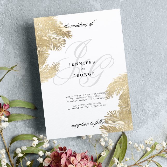 White gold monogram initials tropical wedding invitation (White gold monogram initials tropical wedding )