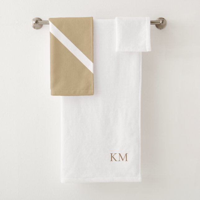 White & Gold Monogram Wedding Gift Bath Towel Set (Insitu)