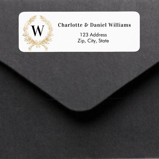 White gold monogram wreath return address label (Creator Uploaded)