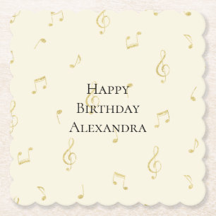 White Gold Music Notes Birthday Paper Coaster