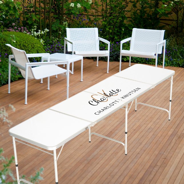 White gold name monogram initials script beer pong table (Creator Uploaded)