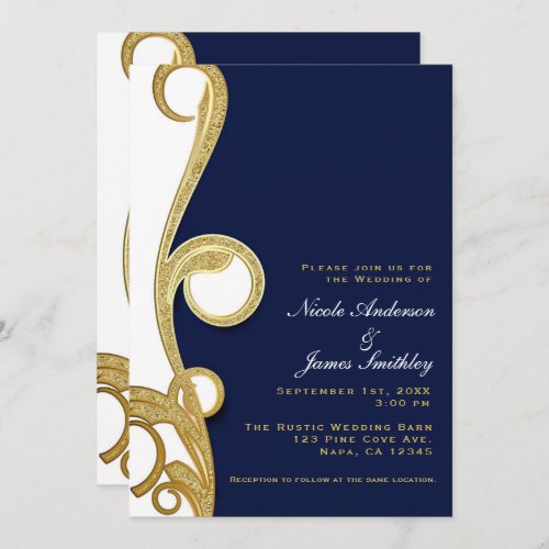 White Gold Navy Blue Chic Elegant Swirl Wedding Invitation