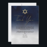 White Gold Navy Blue White Watercolor Bar Mitzvah Thank You Card<br><div class="desc">This modern and artsy-themed Bar Mitzvah thank you card is the perfect choice for your son for his special day. It features a hand-painted navy blue and white ombre gradient. On the top of the invite is a faux printed gold star of David and custom typography. It's a unique, cool,...</div>