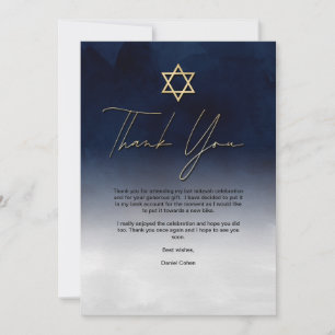 White Gold Navy Blue White Watercolor Bar Mitzvah Thank You Card