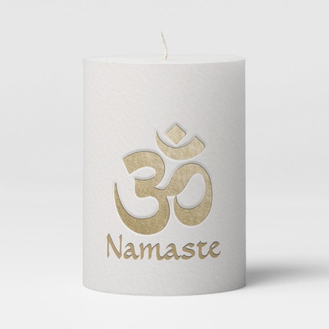 White & Gold OM Symbol YOGA Meditation Instructor Pillar Candle (Front)