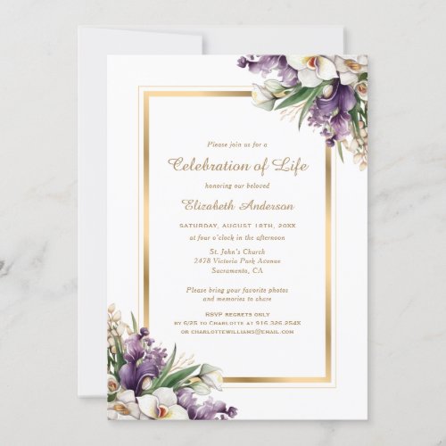 White Gold Orchid Floral Photo Celebration of Life Invitation