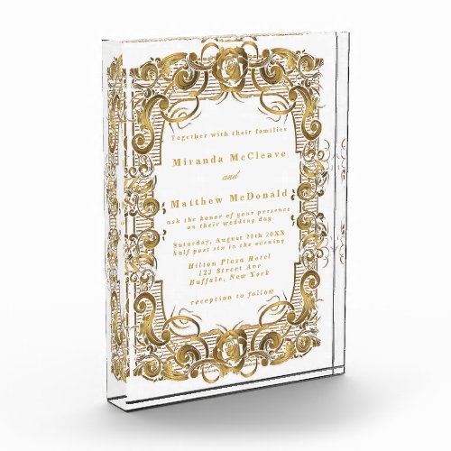 White Gold Ornament Keepsake Wedding Invite Photo Block