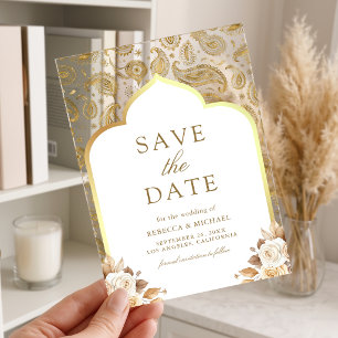 White Gold Paisley Indian Wedding Save the Date
