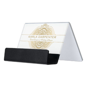 White & Gold Paisley Inspired Ornament Desk Business Card Holder