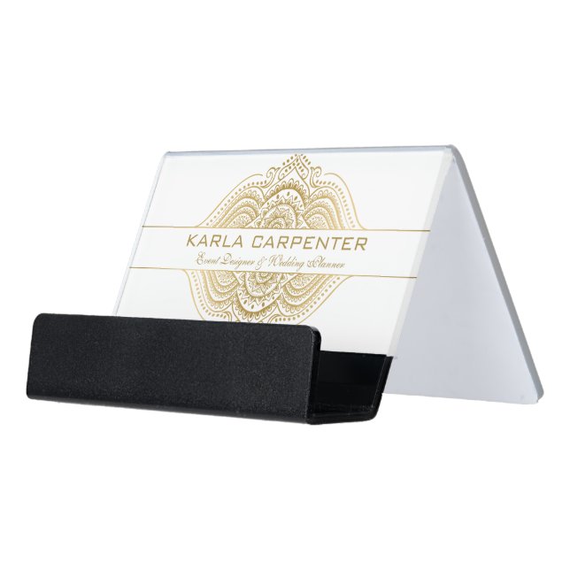 White & Gold Paisley Inspired Ornament Desk Business Card Holder (Angled Front)