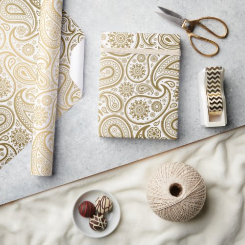 White  Gold Paisley Pattern Wrapping Paper