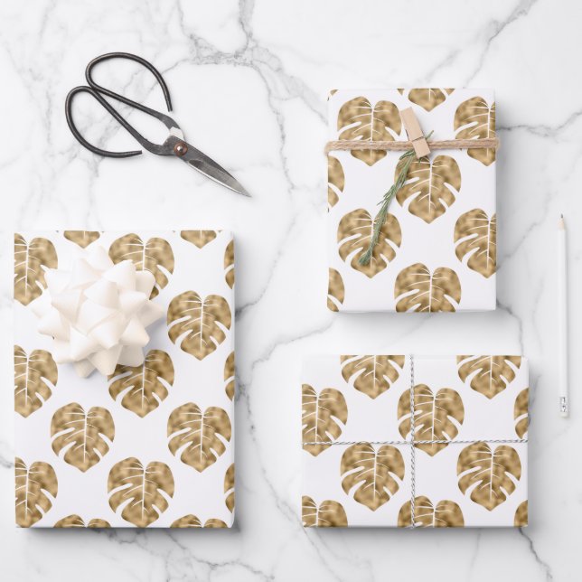 White Gold Palm Leaf Pattern Monstera Deliciosa Wrapping Paper Sheets (Front)
