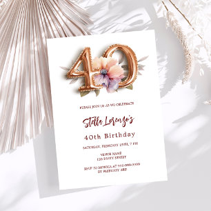 White gold peach floral 40th birthday luxury invitation
