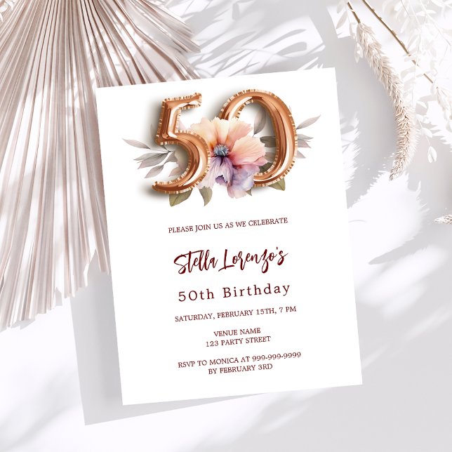 White gold peach floral 50th birthday invitation (Creator Uploaded)