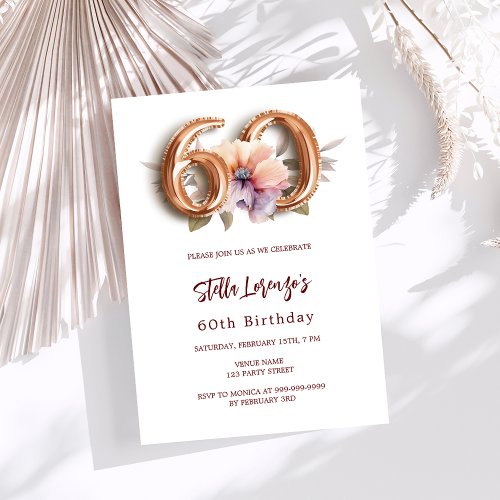 White gold peach floral 60th birthday luxury invitation
