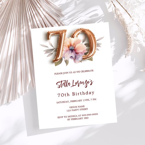 White gold peach floral 70th birthday invitation