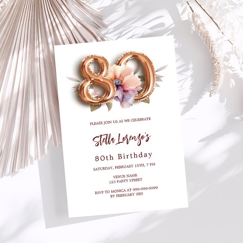White gold peach floral 80th birthday luxury invitation