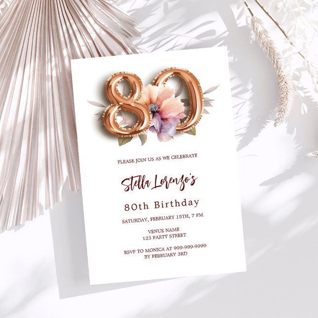 White gold peach floral 80th birthday luxury invitation (Creator Uploaded)