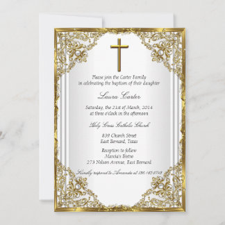 White Gold Pearl Damask Cross Baptism Christening Invitation