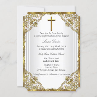 White Gold Pearl Damask Cross Baptism Christening Invitation