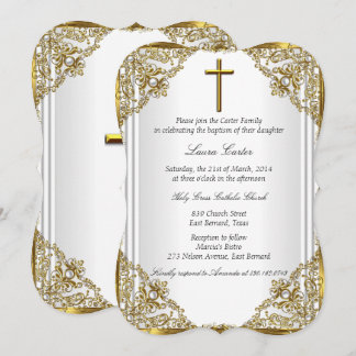 White Gold Pearl Damask Cross Baptism Christening Invitation