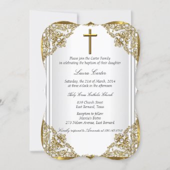 White Gold Pearl Damask Cross Baptism Christening Invitation | Zazzle