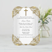 White Gold Pearl Damask Cross Baptism Christening Invitation | Zazzle