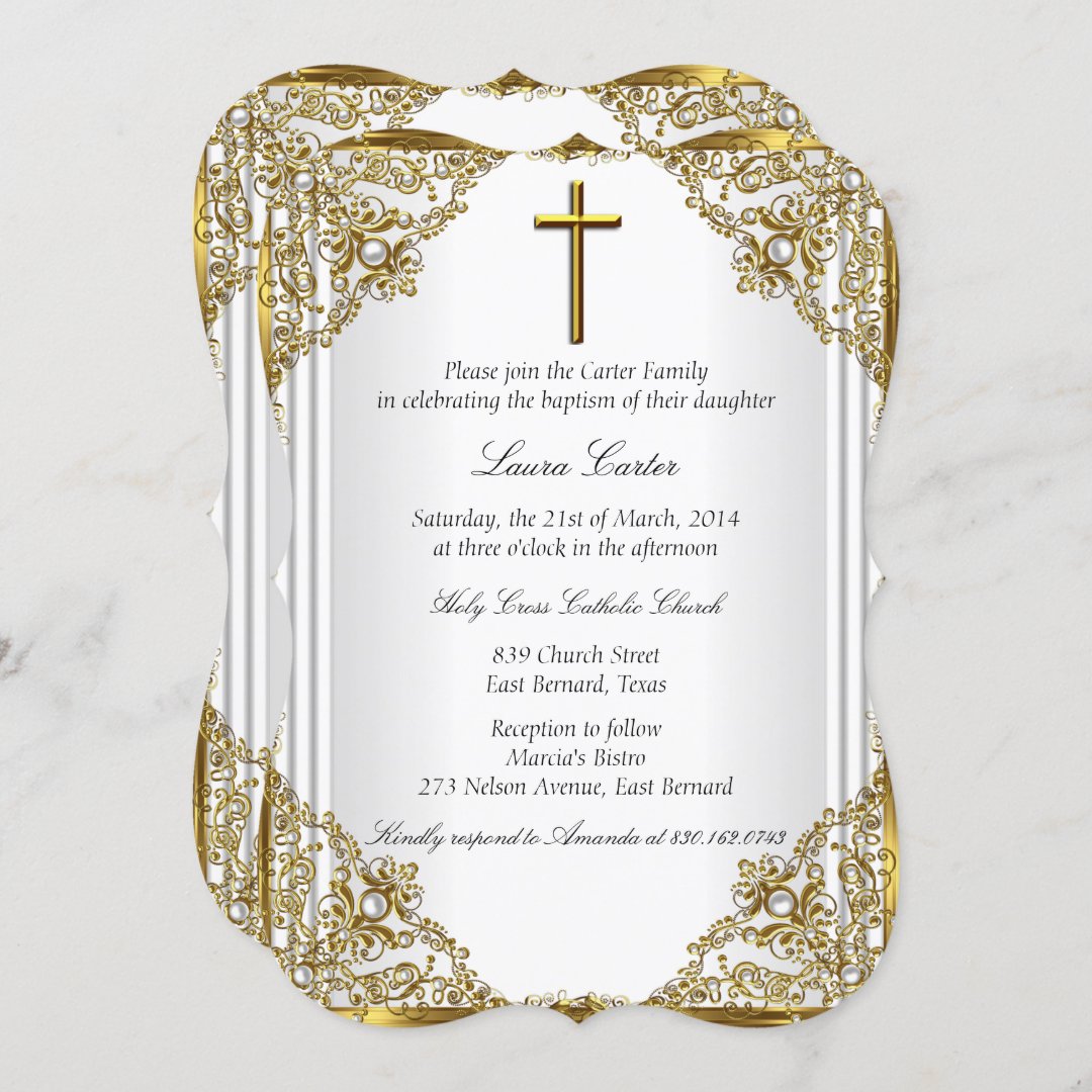 White Gold Pearl Damask Cross Baptism Christening Invitation | Zazzle