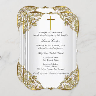 White Gold Pearl Damask Cross Baptism Christening Invitation