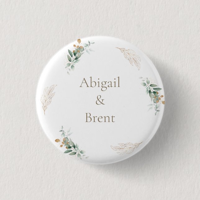 White & Gold Personalized Foliage Wedding Button (Front)