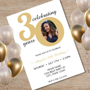 White & Gold Photo 30 Thirty Years 30th Birthday Invitation