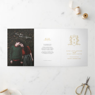 White gold photo crown monogram wedding Tri-Fold program