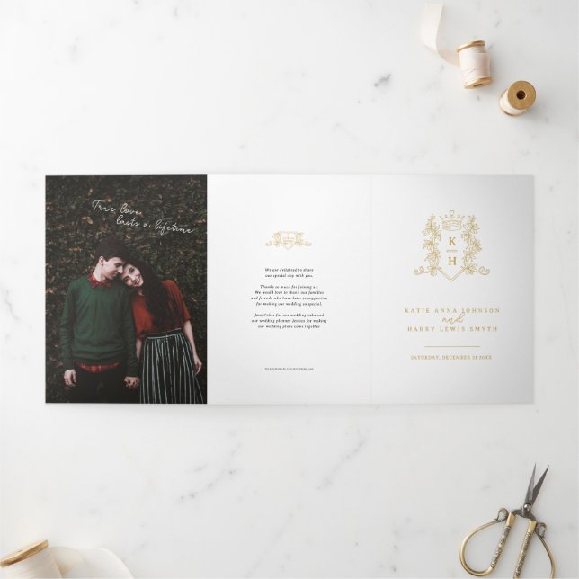 White gold photo crown monogram wedding Tri-Fold program (Outside)