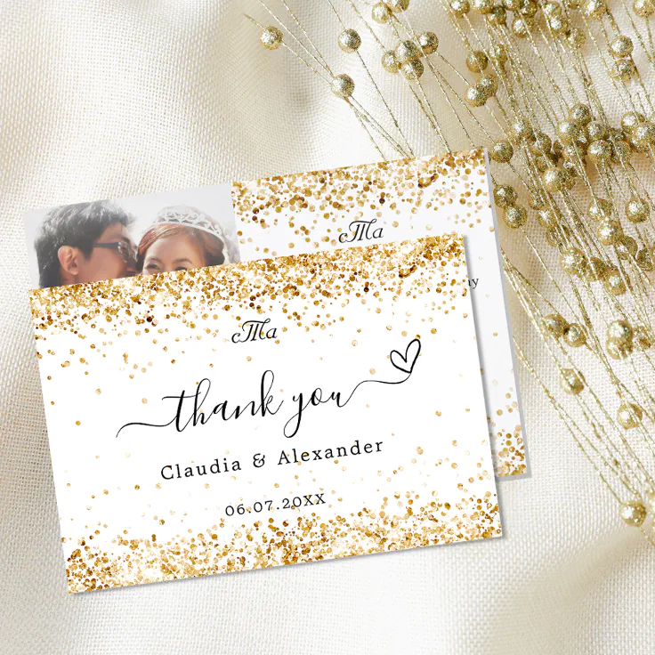 White gold photo elegant wedding thank you card | Zazzle