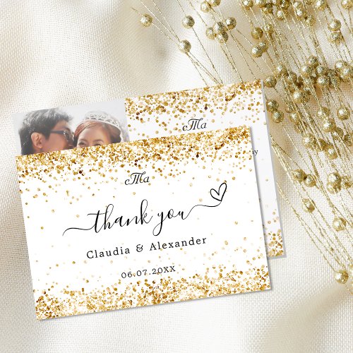 White gold photo elegant wedding thank you card