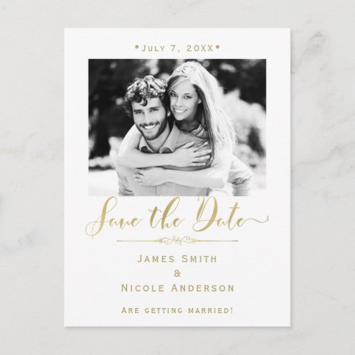 White  Gold Photo Modern Wedding Save the Date Announcement Postcard