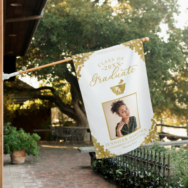 White Gold Photo Pharmacy School Graduation House Flag (In SItu)