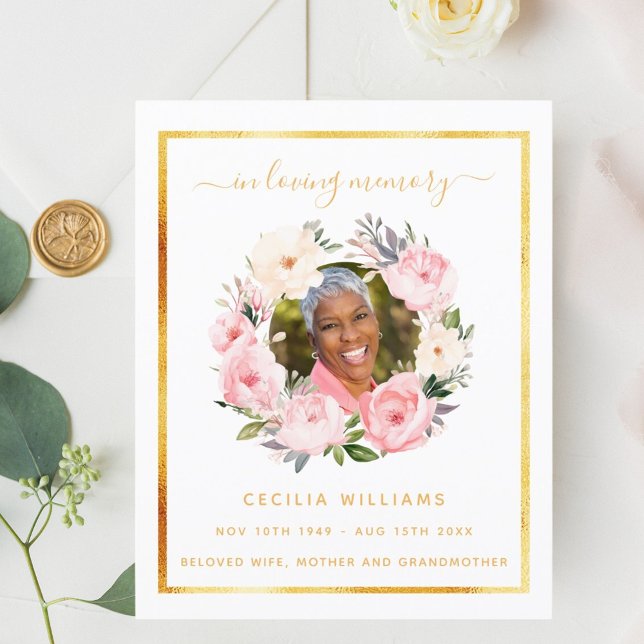 White gold photo pink floral funeral program (Creator Uploaded)
