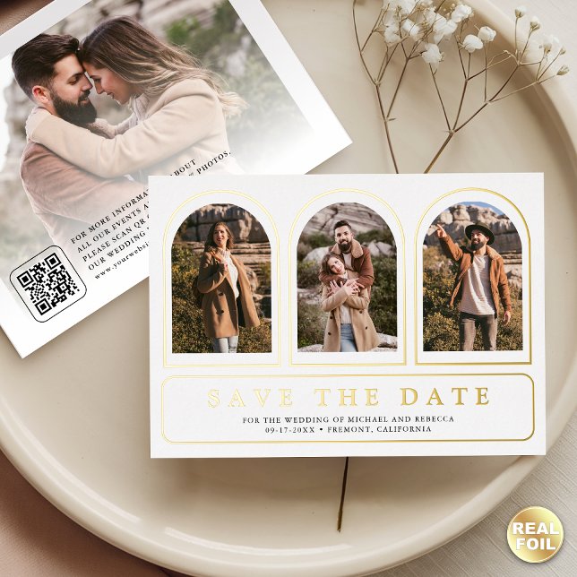 White Gold Photo QR Code Wedding Save the Date Foil Invitation (Creator Uploaded)