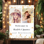 White gold photo stars 2 persons birthday welcome poster<br><div class="desc">A photo welcome poster for 2 persons,  friends,  sisters,  twins.  A modern white background,  decorated with faux gold stars. Personalize and add 2 photos,  names and date(s)</div>